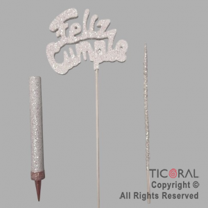 ADORNO DE TORTA SET FELIZ CUMPLE CON BENGALA Y VELA GIBRE BLANCO x 1